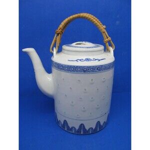 Jingdezhen Vintage Chinese Rice Flower 7 1/2" Blue White Bamboo 2 Handle Tea Pot